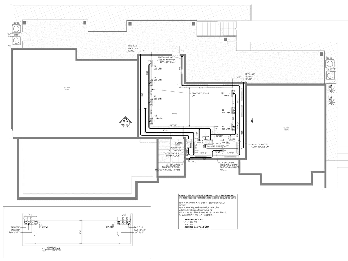 Basement mechanical plan with fan coil units FCU-01 and FCU-02, supply outlets at 215 CFM, outdoor units, the ventilation calculation and Section A-A. Custom two-storey residence with basement and ADU, California, MEP design by Ahmad Akra