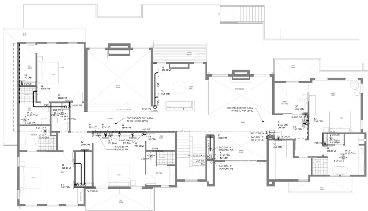 Second floor HVAC plan with supply outlets from 50 to 900 CFM, return grilles and bathroom exhaust fans. Custom two-storey residence with basement and ADU, California, MEP design by Ahmad Akra
