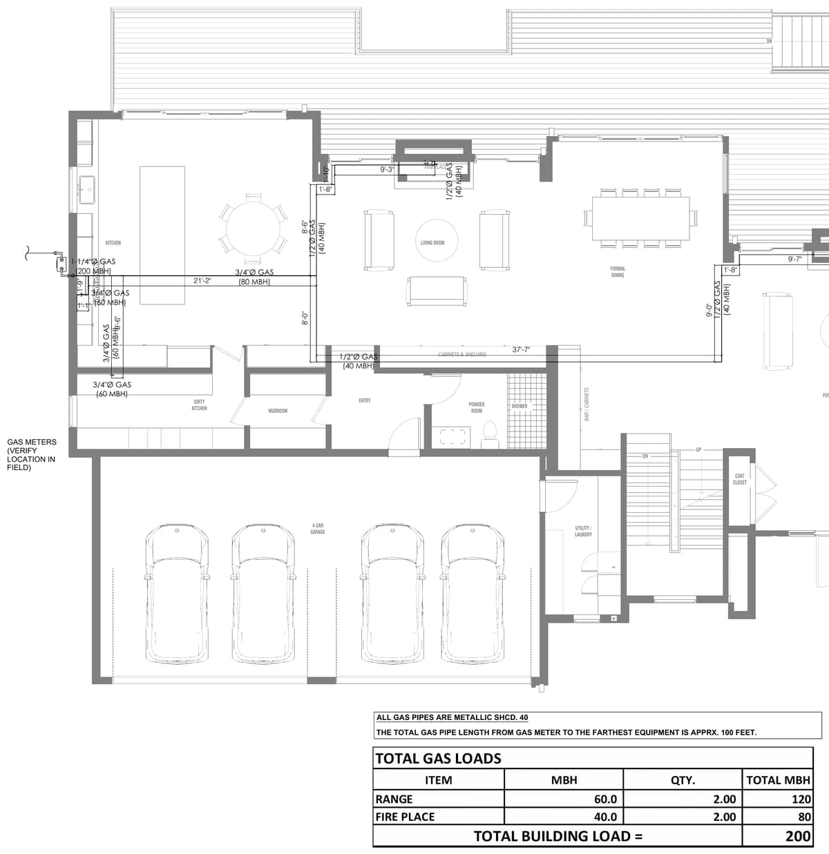 First floor gas piping plan with pipe sizes and loads, and a table totalling 200 MBH for two ranges and two fireplaces. Custom two-storey residence with basement and ADU, California, MEP design by Ahmad Akra