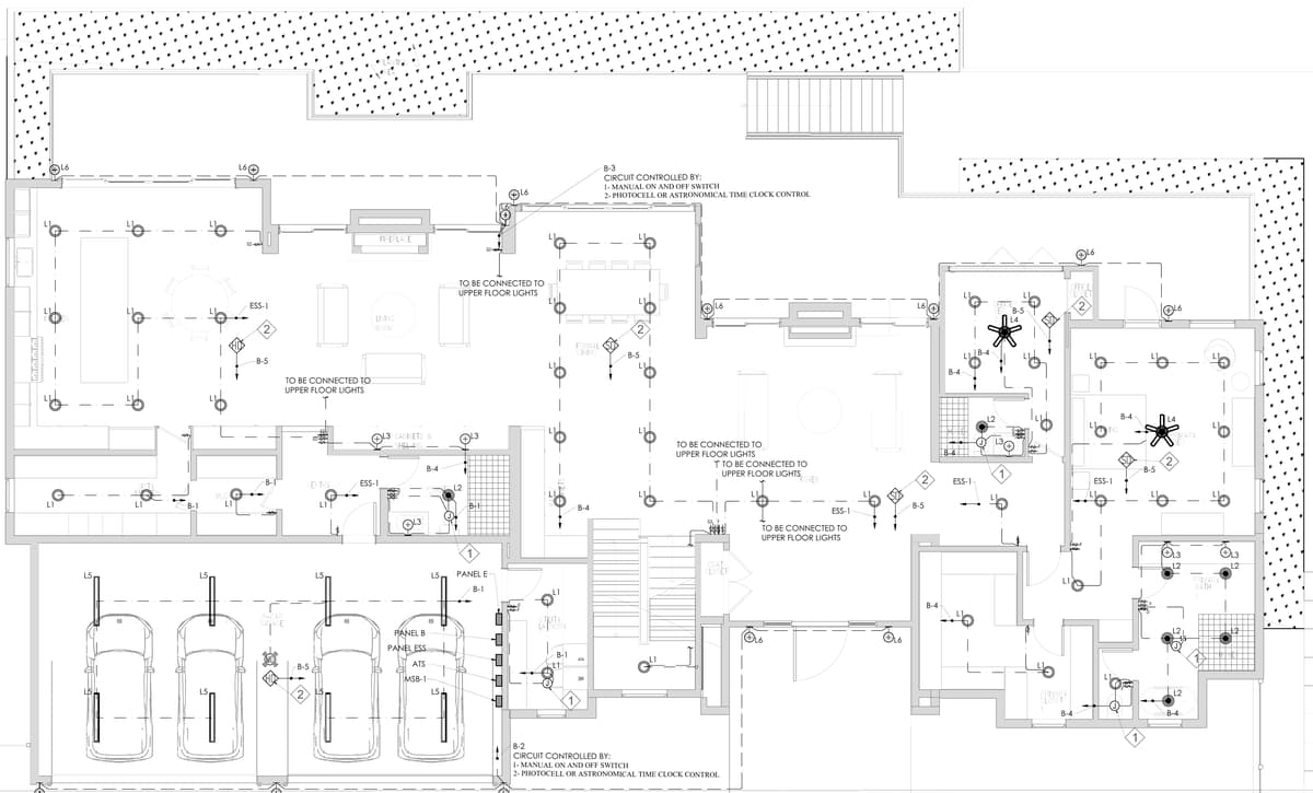 First floor lighting plan with fixture types, switching and circuits. Custom two-storey residence with basement and ADU, California, MEP design by Ahmad Akra