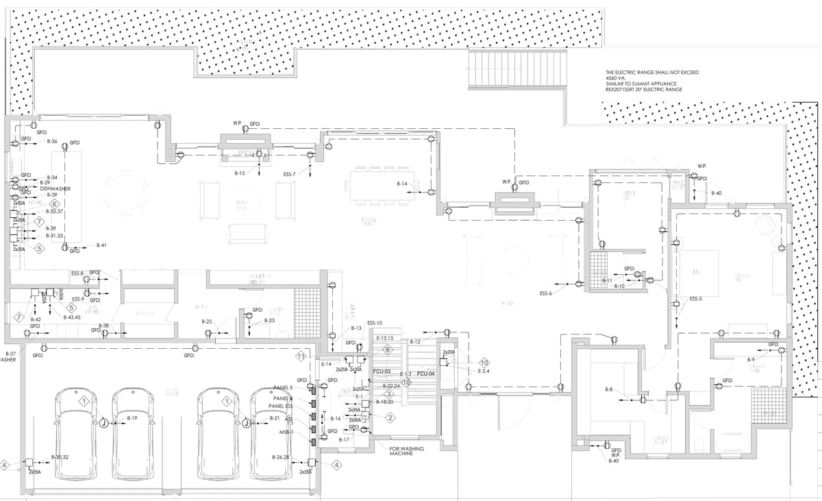 First floor power plan with receptacle circuits, panels, a transfer switch and equipment disconnects. Custom two-storey residence with basement and ADU, California, MEP design by Ahmad Akra