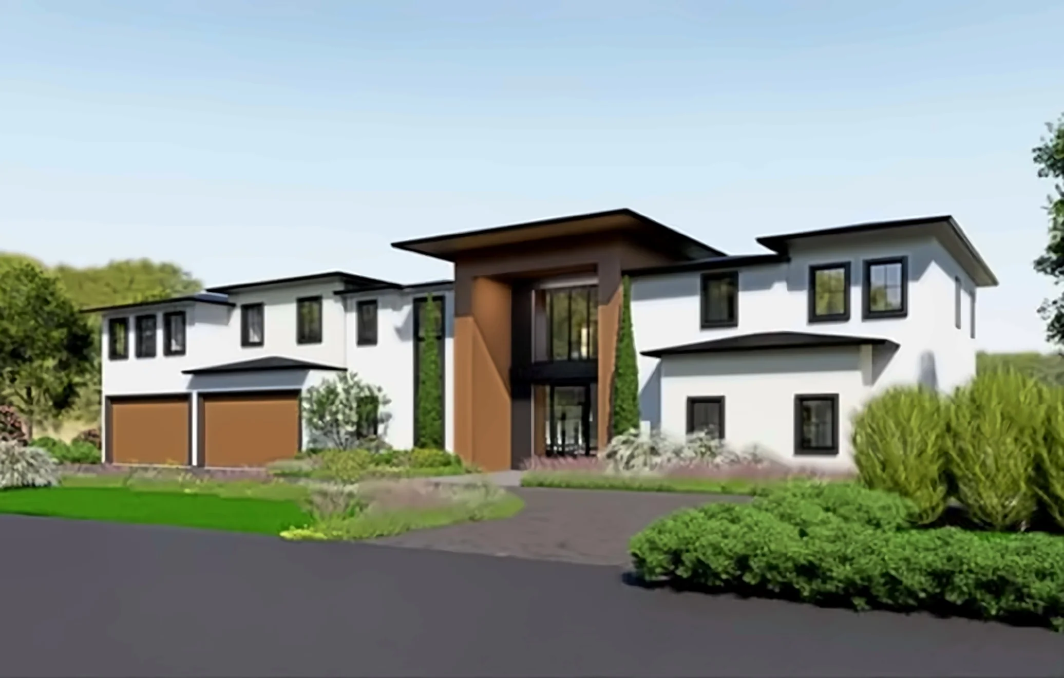 Architectural rendering of the custom residence project, a two-storey house with a tall timber-clad entrance and two garage doors