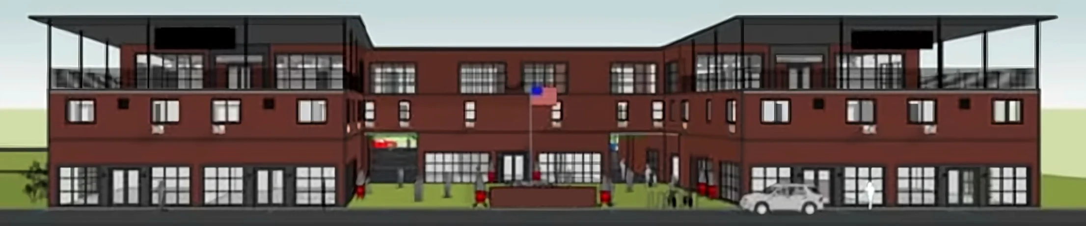 Architectural rendering of the fire station project, a brick building with covered roof terraces on both wings and a flagpole in the front courtyard