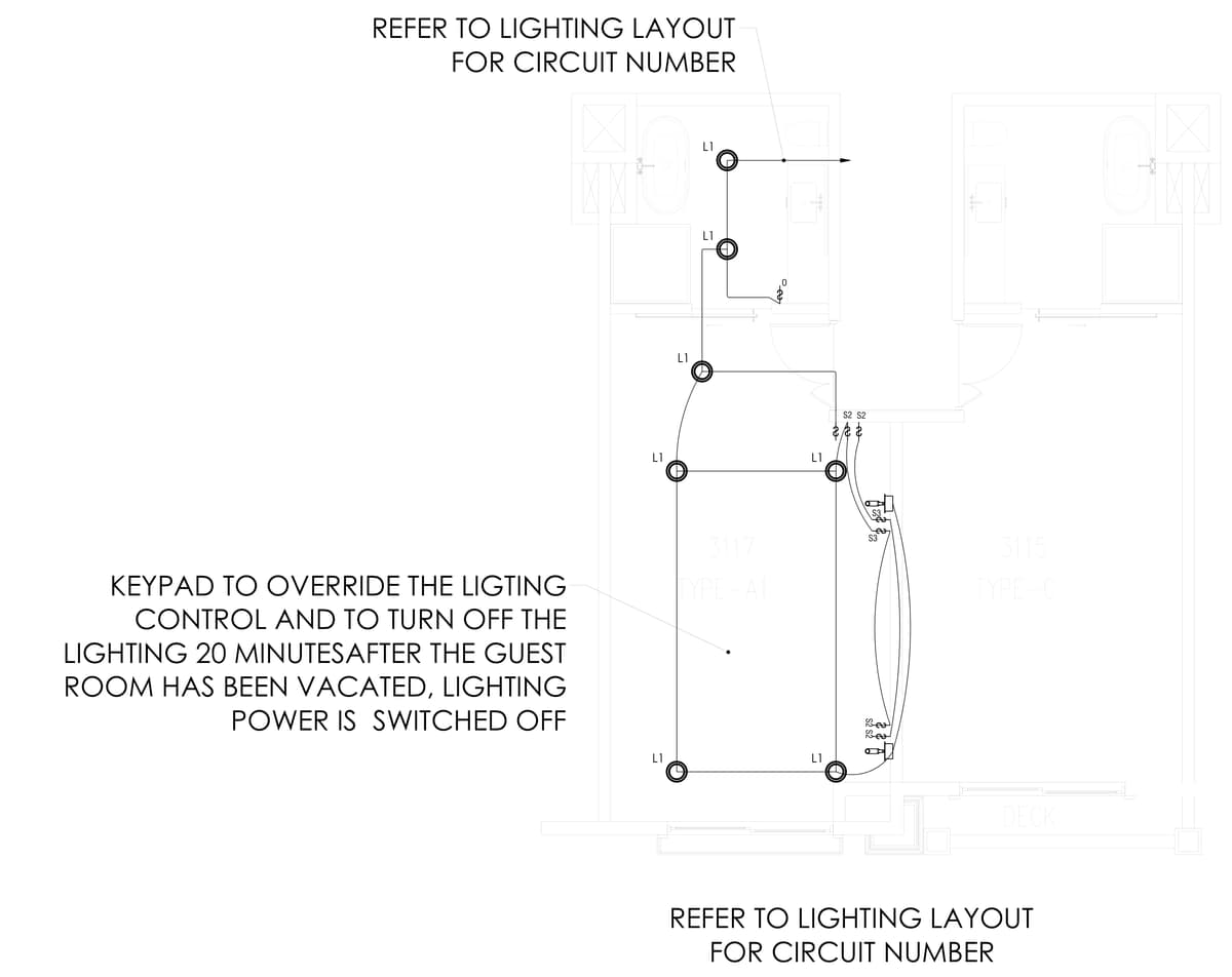 Typical guest room lighting plan with a keypad that switches the lighting off 20 minutes after the room is vacated. Seven-storey hotel and resort, California, MEP design by Ahmad Akra