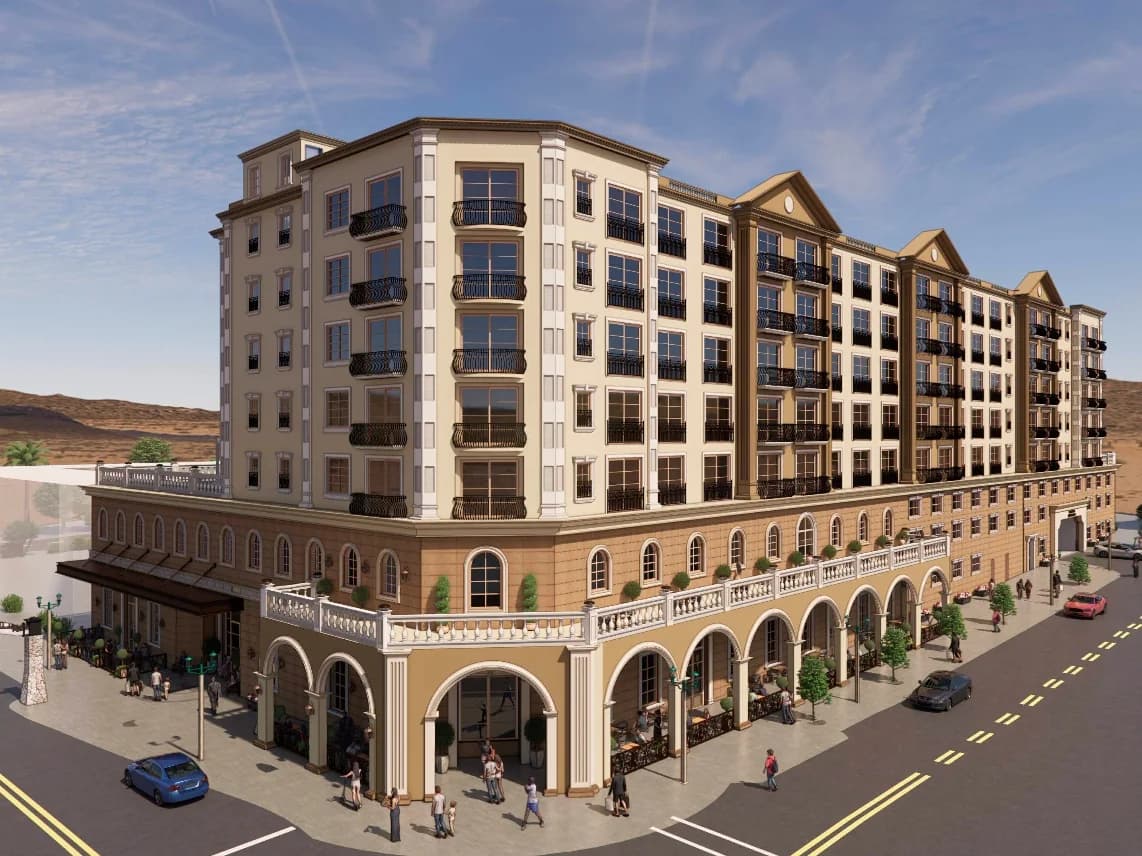 Architectural rendering of the hotel and resort project, a multi-story building with an arcaded ground floor on a street corner