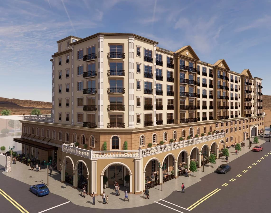 Architectural rendering of the hotel and resort project, a multi-story building with an arcaded ground floor on a street corner
