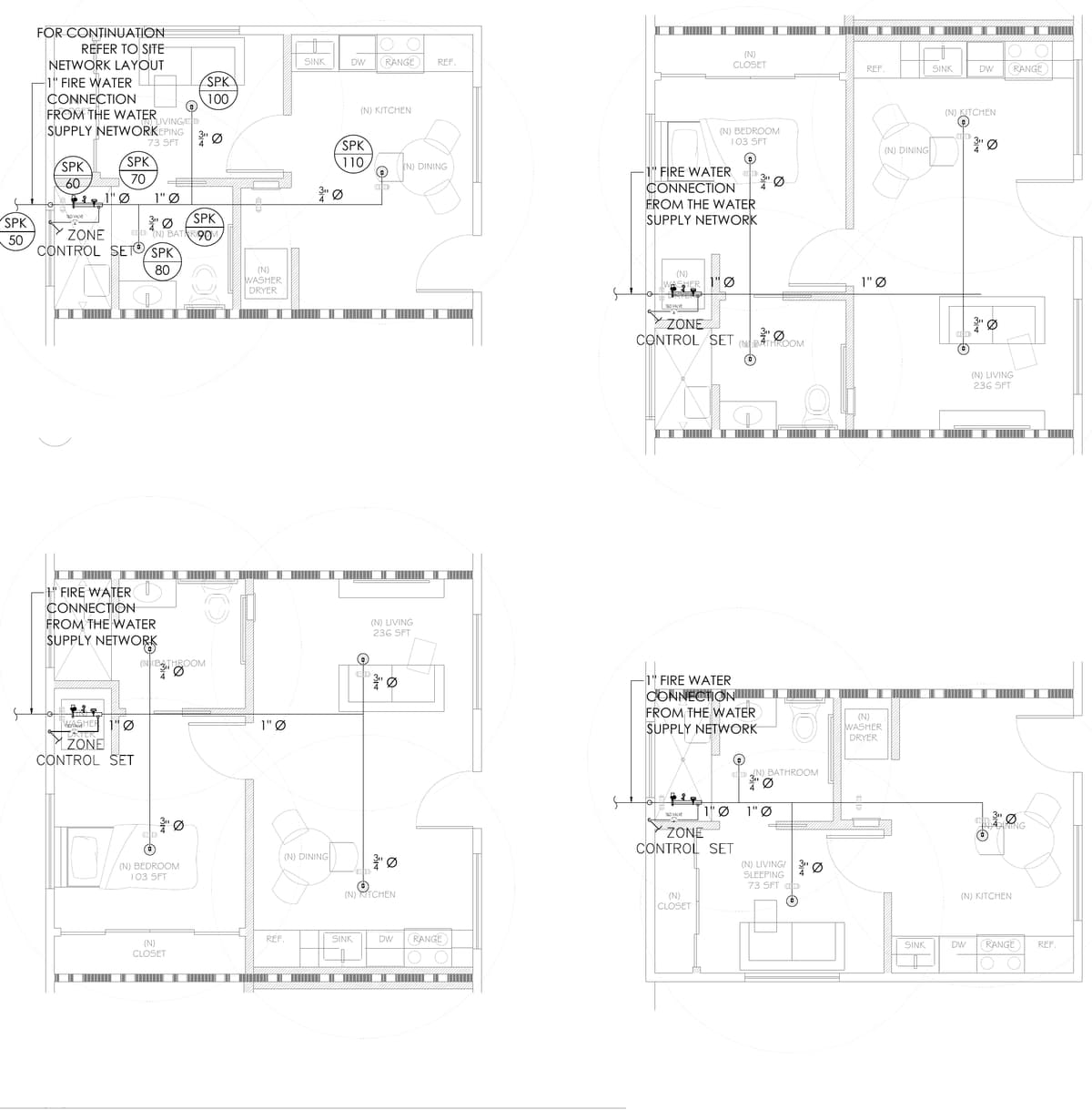 Enlarged plans of four residential units with NFPA 13D sprinkler heads, 1-inch fire water connections and zone control sets. Four-unit residential addition with fire sprinklers, California, MEP design by Ahmad Akra
