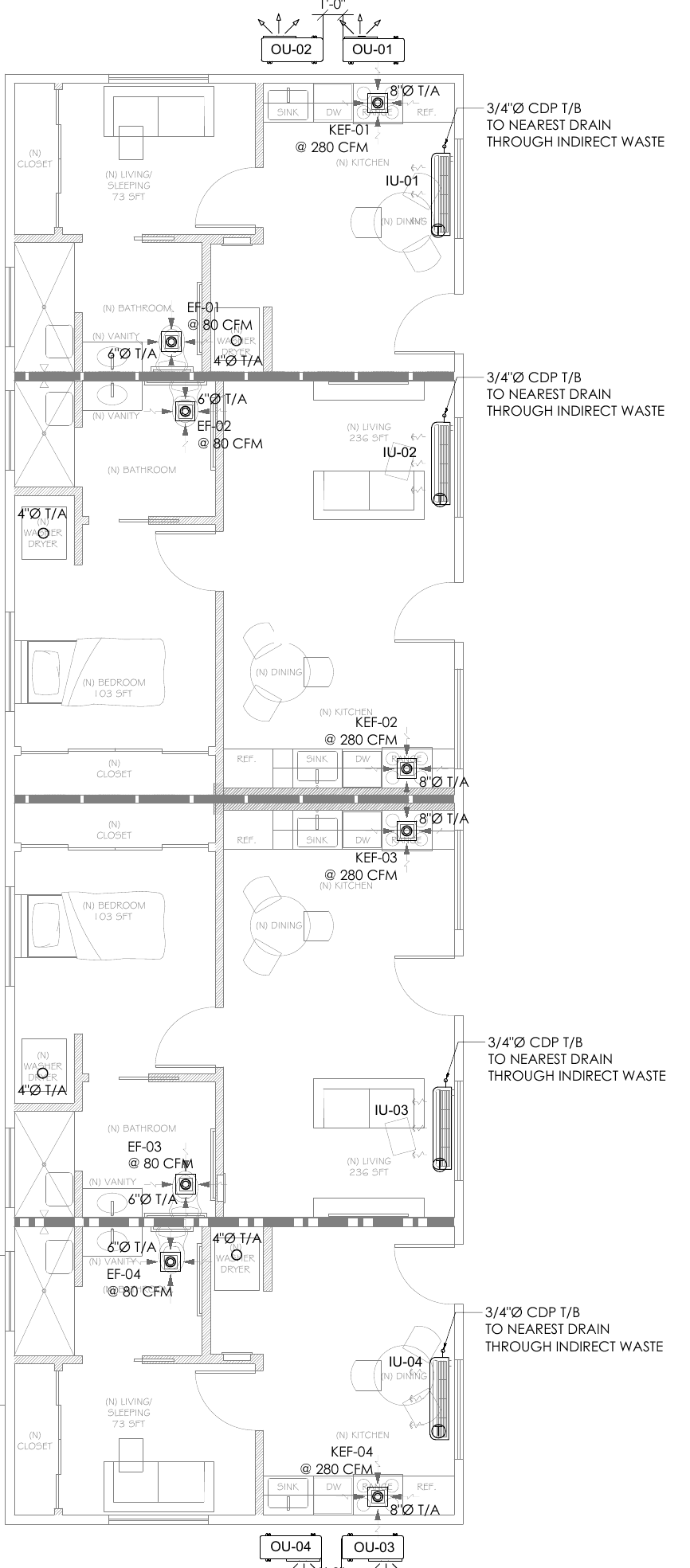 Mechanical plan of four units with ductless heat pump indoor units, bathroom exhaust fans at 80 CFM and kitchen hoods at 280 CFM. Four-unit residential addition with fire sprinklers, California, MEP design by Ahmad Akra