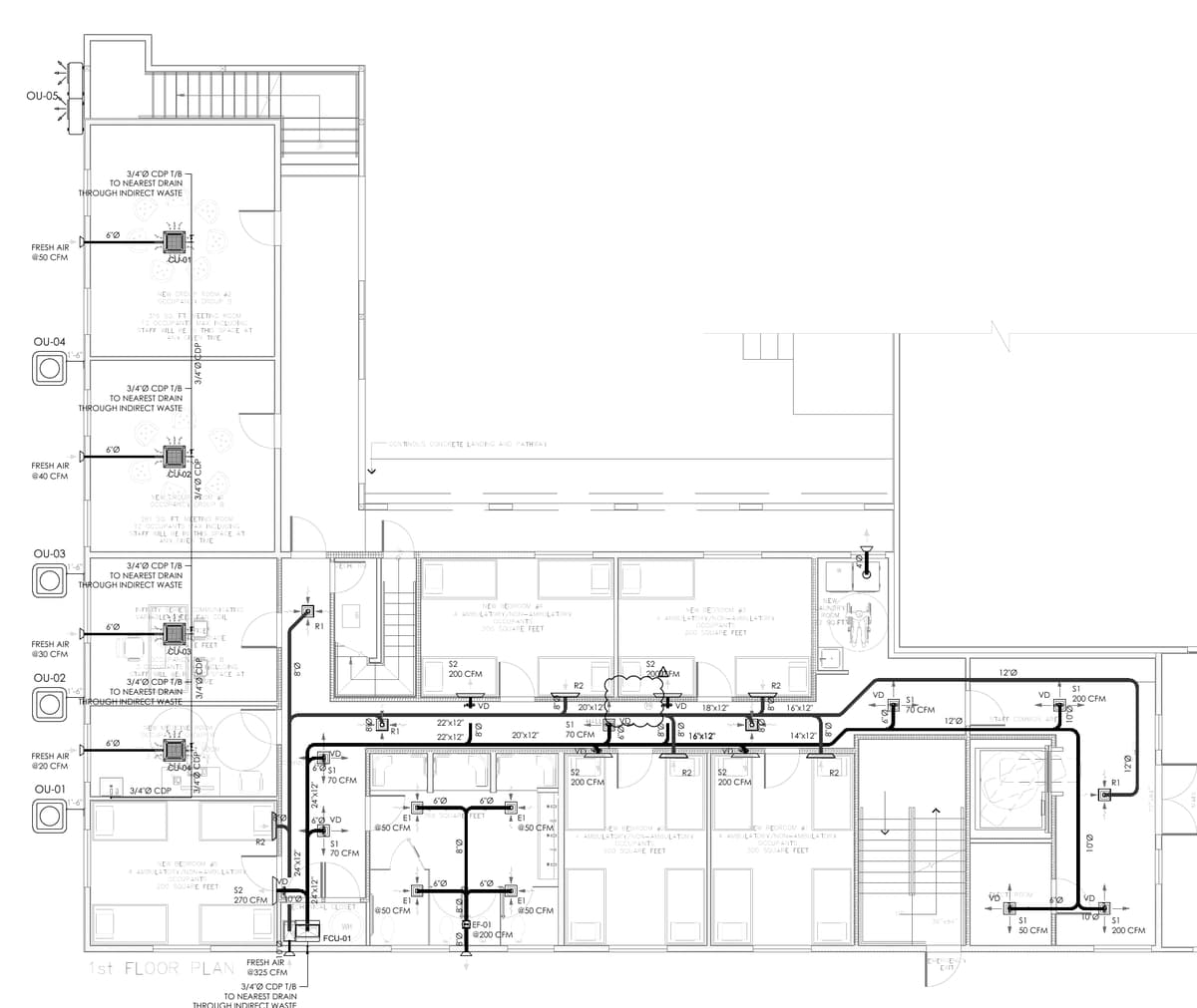 First floor HVAC plan with ducted fan coil units, outdoor units OU-01 to OU-05 and supply air quantities. Three-storey residential care facility with offices, California, MEP design by Ahmad Akra