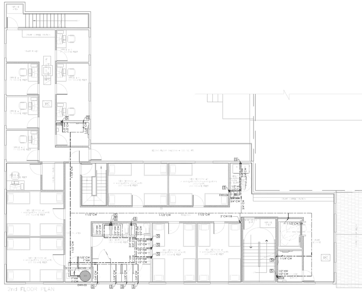 Second floor plumbing plan with cold and hot water pipe sizes and electric water heaters. Three-storey residential care facility with offices, California, MEP design by Ahmad Akra