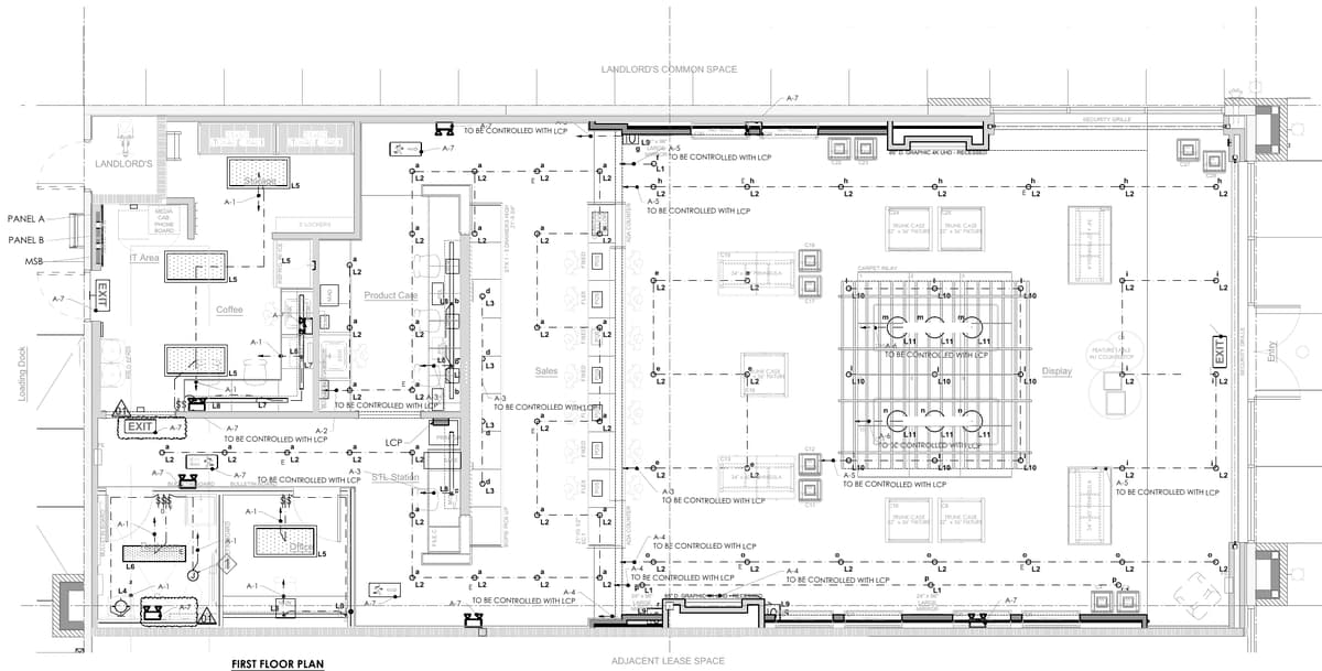 Lighting plan of the showroom with fixture types, circuits and lighting control panel zones. Retail showroom tenant improvement, MEP design by Ahmad Akra