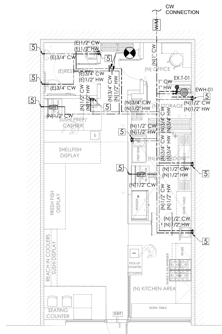 Water supply plan of the market with new and existing cold and hot water piping and the electric water heater. Seafood market and sushi counter, California, MEP design by Ahmad Akra