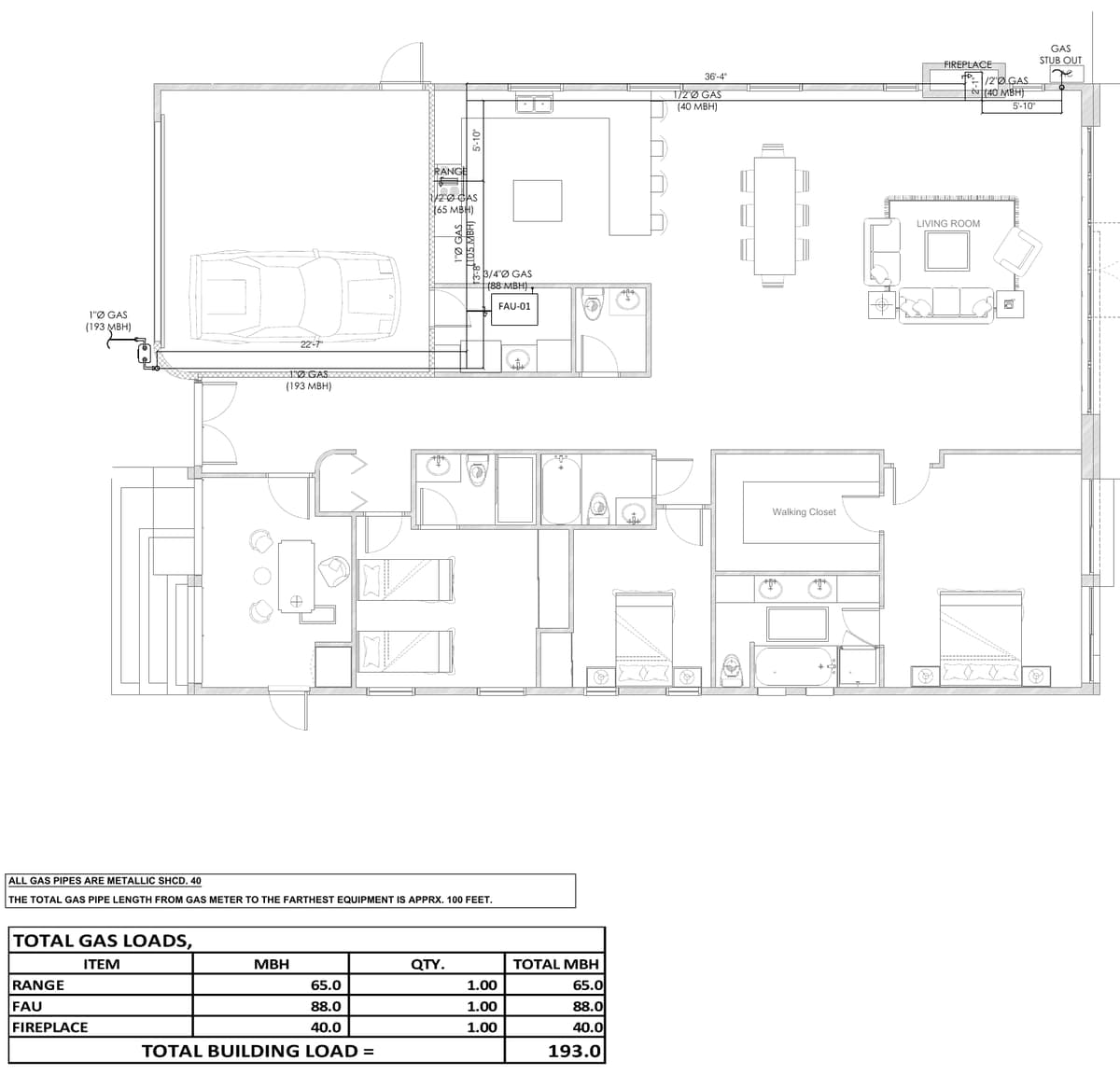 Gas piping plan with pipe sizes to the range, forced-air unit and fireplace, and a table totalling 193 MBH. Single-storey residence, California, MEP design by Ahmad Akra