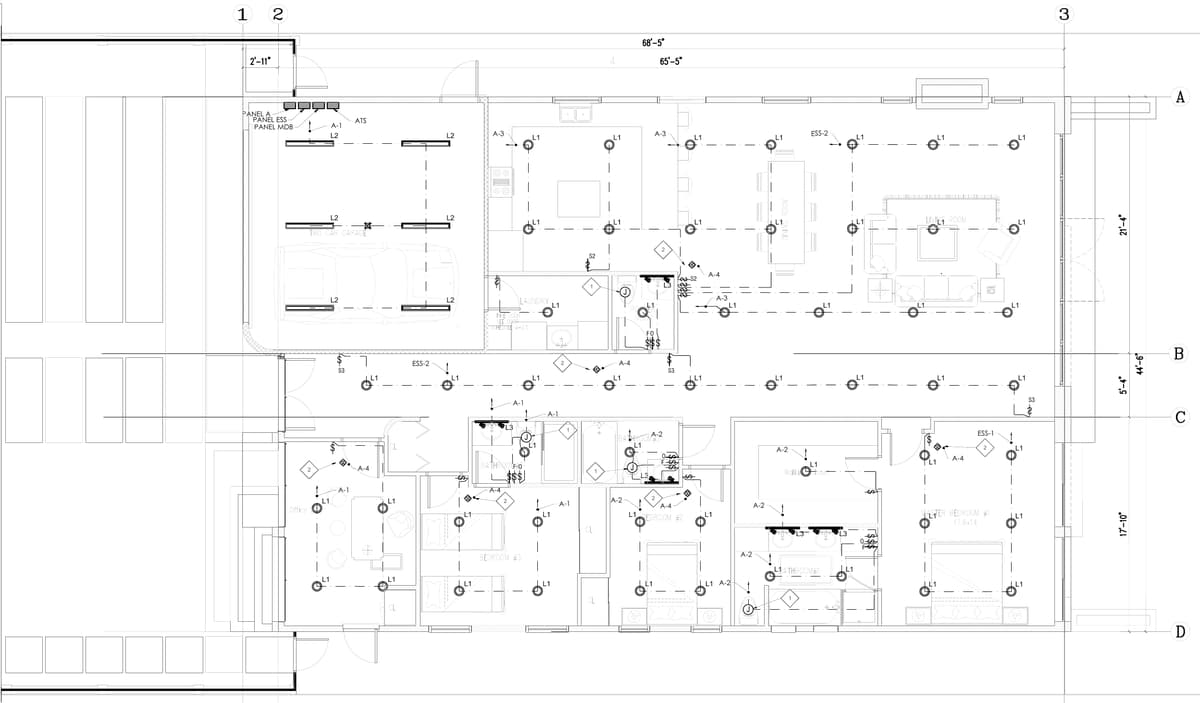 Lighting plan of the house with fixtures, switching, panels and smoke and carbon monoxide detectors. Single-storey residence, California, MEP design by Ahmad Akra