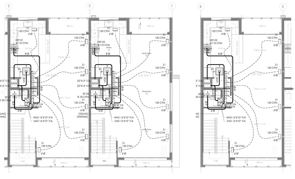 Level 2 mechanical plans of the three units with supply outlets at 150 CFM and kitchen exhaust fans at 110 CFM. Three-unit townhouse development, Illinois, MEP design by Ahmad Akra