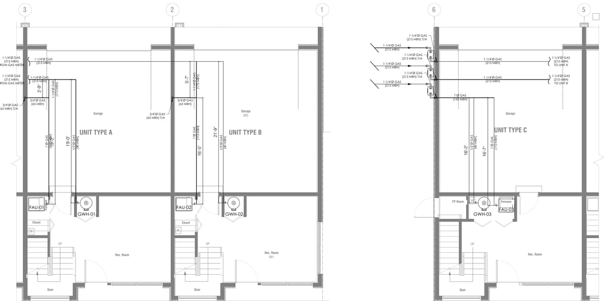 Level 1 gas piping plans of the three units with meters, pipe sizes and the load on each branch. Three-unit townhouse development, Illinois, MEP design by Ahmad Akra