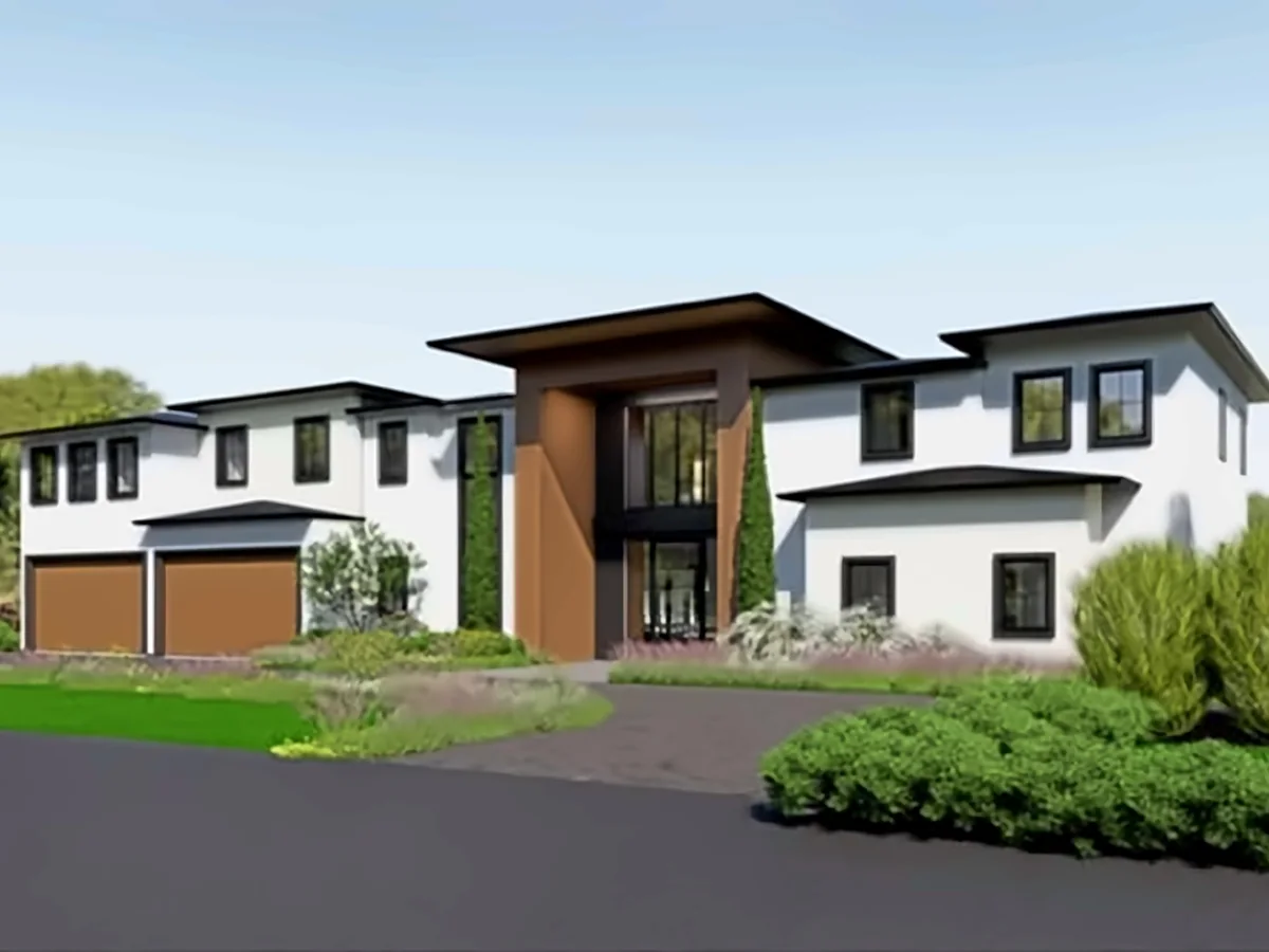 Architectural rendering of the custom residence project, a two-storey house with a tall timber-clad entrance and two garage doors