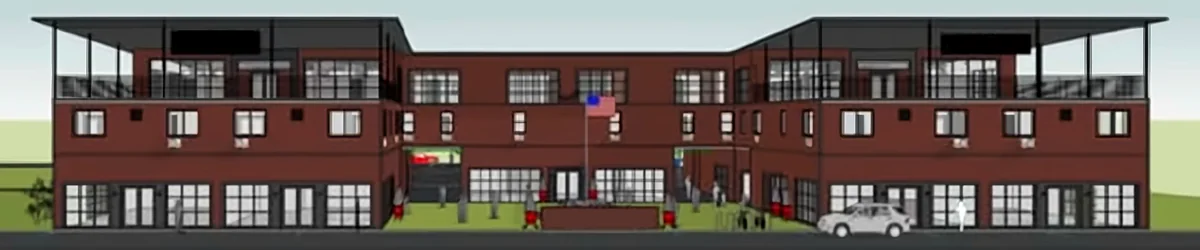 Architectural rendering of the fire station project, a brick building with covered roof terraces on both wings and a flagpole in the front courtyard