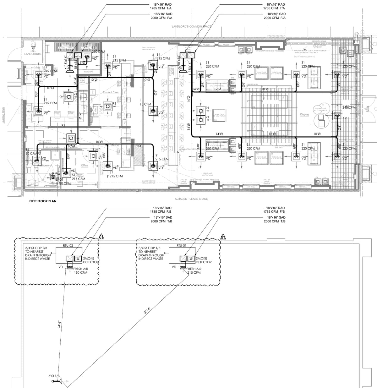 HVAC plan of a retail showroom with supply diffusers at 215 to 240 CFM, and a roof plan with rooftop units RTU-01 and RTU-02. Retail showroom tenant improvement, MEP design by Ahmad Akra