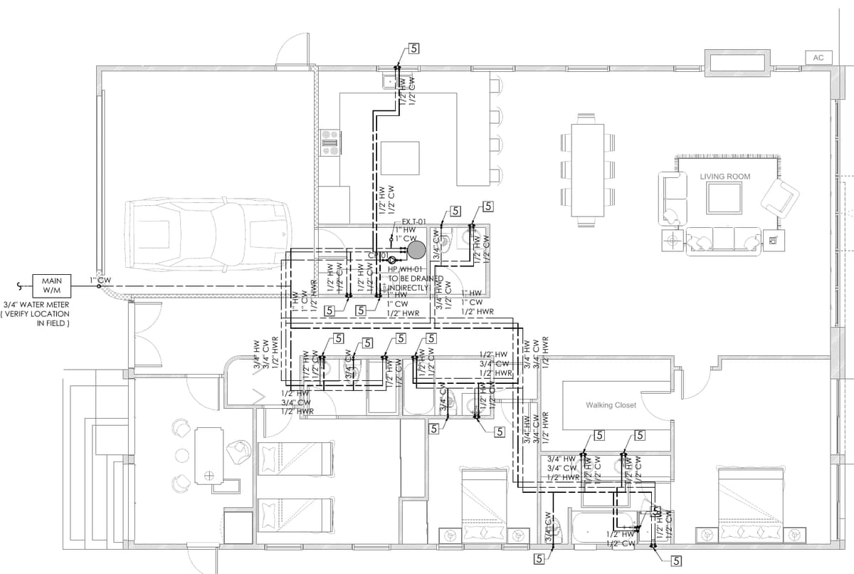 Floor plan of a single-storey house with cold, hot and hot water return pipe sizes and the water heater. Single-storey residence, California, MEP design by Ahmad Akra