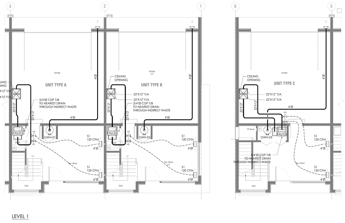 Level 1 mechanical plans of unit types A, B and C with furnaces, ductwork and supply outlets at 120 CFM. Three-unit townhouse development, Illinois, MEP design by Ahmad Akra